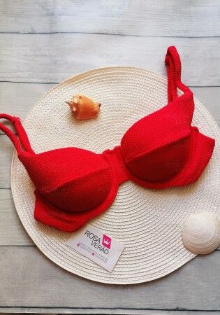 Top De Biquíni Aro Meia Taça Texturizado Vermelho