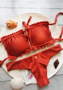 Biquíni Cortininha Quadrado Canelado Terracota