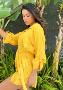 Chemise Camisa De Praia Manga Longa Amarelo Ouro