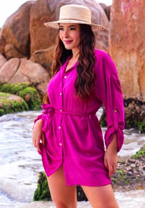 Chemise Camisa De Praia Manga Longa Rosa Fucsia