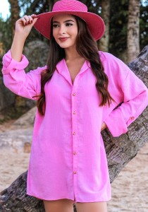 Chemise De Praia Manga Longa Rosa Chiclete