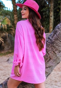 Chemise De Praia Manga Longa Rosa Chiclete