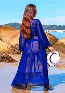 Saída de Praia Luxo Manga Longa Bufante Azul Royal