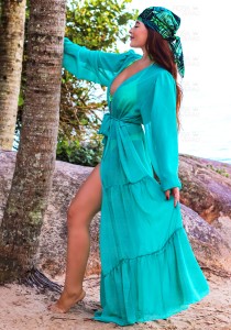 Saída de Praia Manga Longa Bufante Azul Turquesa